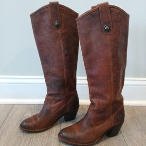 Frye Dark Brown Leather Boots with Brass Stud Accents Women's 5.5